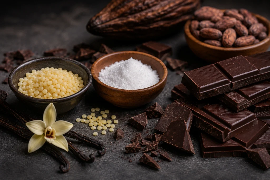 لسیتین به بافت و جریانپذیری کمک میکند و وانیل در تکمیل عطر شکلات نقش دارد.